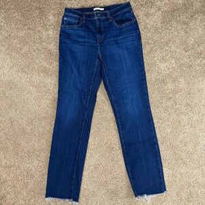 Levi's 724 High Rise Straight Leg Jeans Womens 32 Blue Denim Cotton Frayed Hem